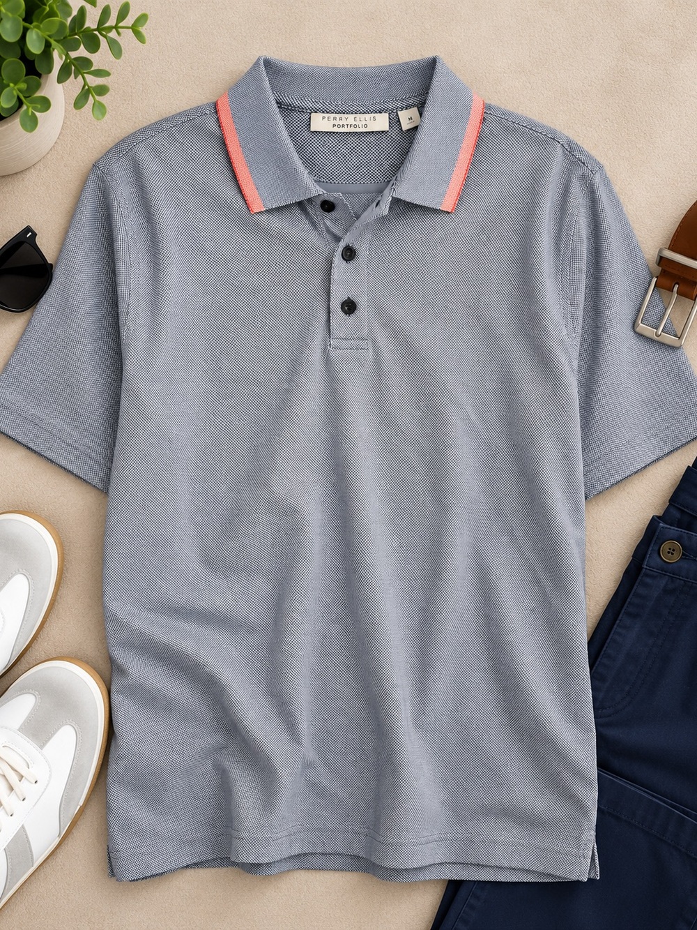 Perry Ellis Portfolio Men’s Polo Shirt Gray Coral Trim Size M